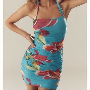 🟤NWT AFRM at ANTHROPOLOGIE Bonnie Halter Square-Neck Mini Dress in Floral